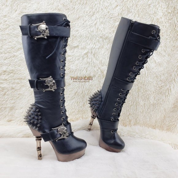 Muerto Goth Punk Bone Heel Spiked Skull Buckle Knee Boots RESTOCKED - Picture 11 of 15